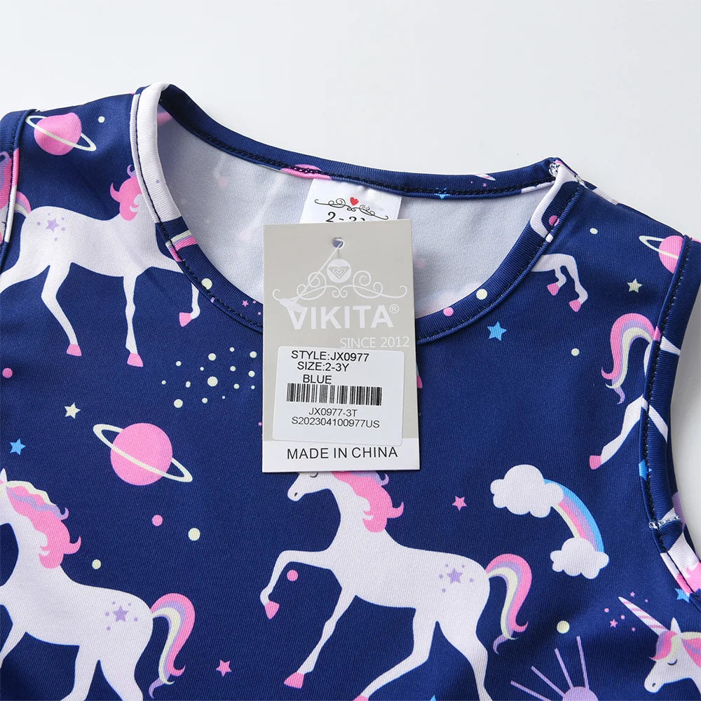 VIKITA Girls Licorne Rainbow Cosmos Print Summer Sleeveless Dress Kids Polyester Daily Casual Party School Dresses Kids Clothing