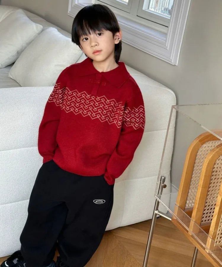 Boys' Red POLO Knit Sweater 2025 Autumn/Winter New Big Kids New Year Outfit Traditional Chinese Style Warmth Crossover Sweater