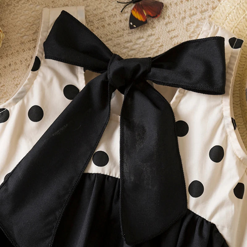 Sweet Black Bow Baby Girl Dress, Summer New Polka Dot Sleeveless Children'S Clothing With Free Hat (9 Months-4 Years Old)