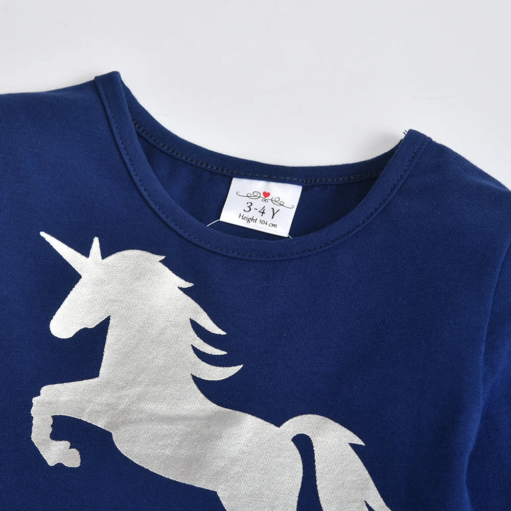 VIKITA Girls Unicorn Print Dress Kids Sequins Princess Dresses Kids Long Sleeve Autumn Spring Patchwork Mesh Tulle Cute Dresses