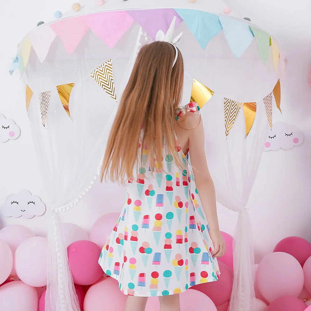 VIKITA Girls Camisole Sling Suspenders Sleeveless Summer Dress Kids Ice Cream Print Flare Sleeve Dresses Children Clothing