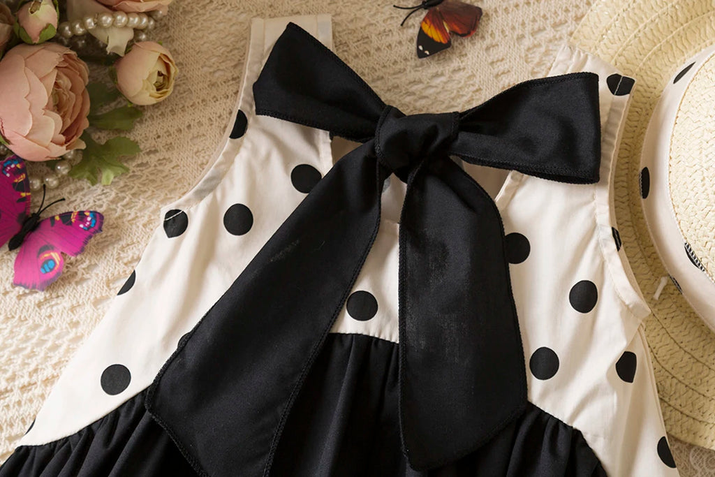 Sweet Black Bow Baby Girl Dress, Summer New Polka Dot Sleeveless Children'S Clothing With Free Hat (9 Months-4 Years Old)