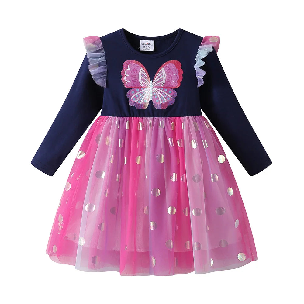VIKITA Toddlers Polka Dot Colorful Butterfly Ruffled Sleeved Dress Kids Gradient Pink Mesh Tulle Princess Birthday Party Frocks