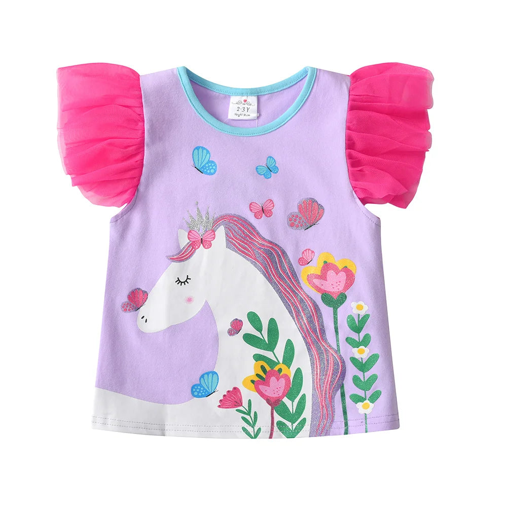 VIKITA Girls Flare Sleeve Summer T Shirt Kids Unicorn Flower Print Cartoon T Shirts Kids Casual Daily School Cotton Casual Tops