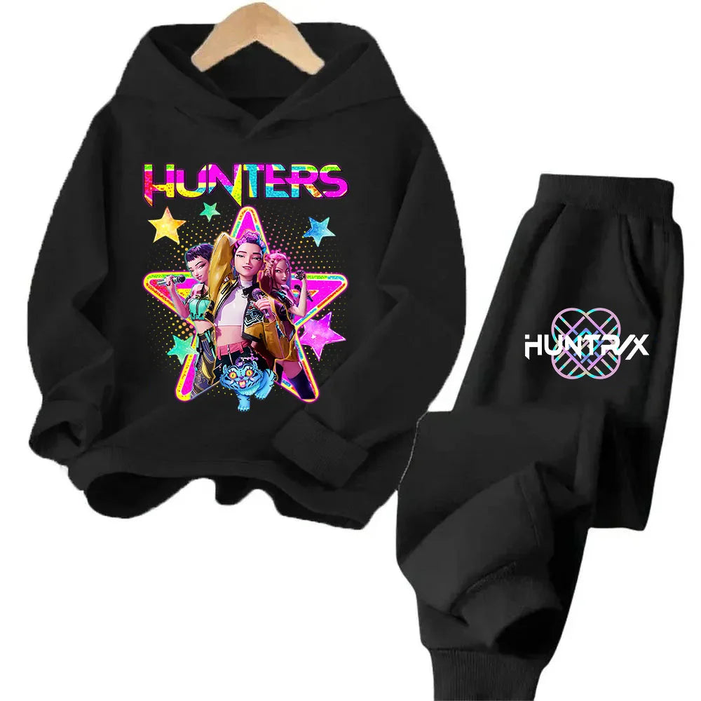 Girls Clothing 2025 Hot KPop Demon Hunter Cartoon Girls Hooded Sweatshirt Sweatpants Set Warm Children's Fashion Casual Tops