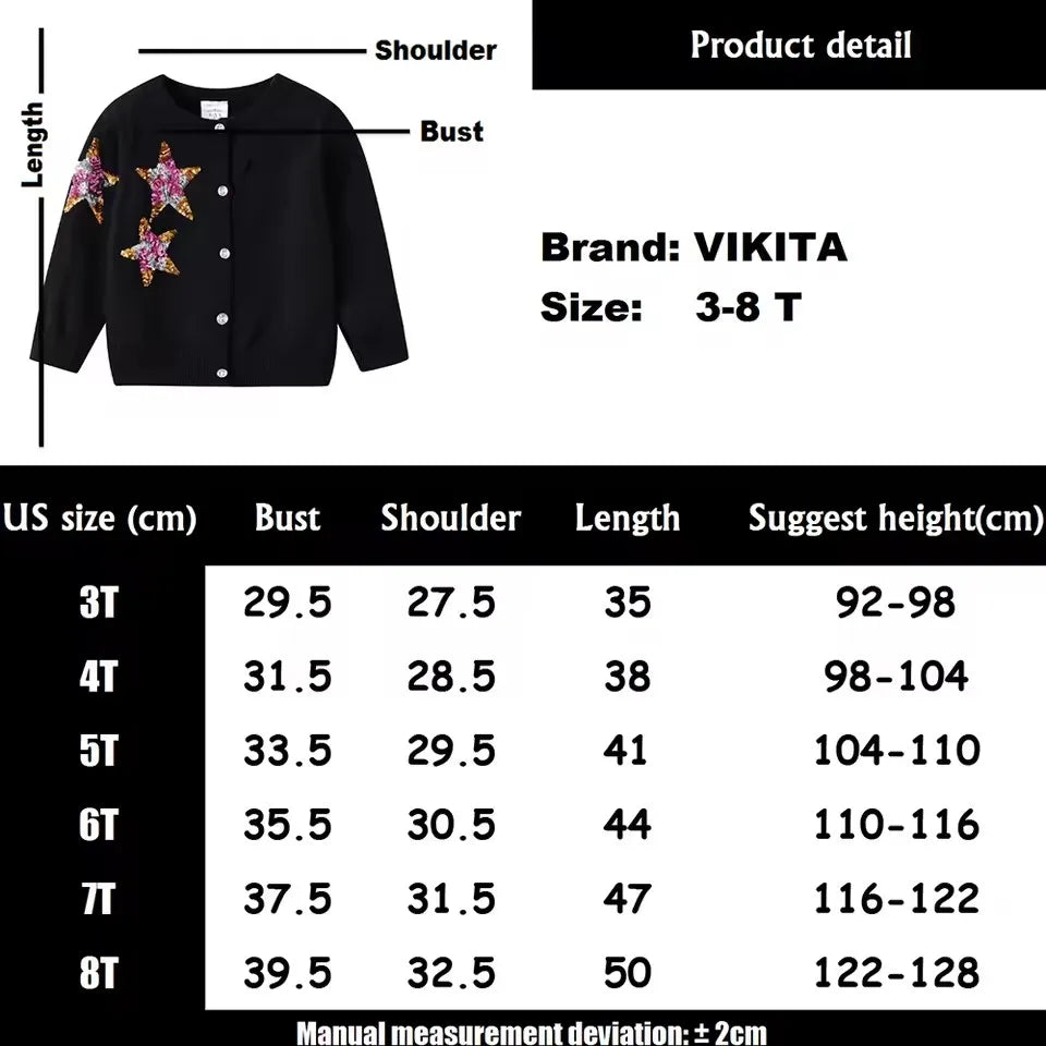 VIKITA Toddlers Sequined Appliqued Autumn Spring Cardigans Kids Button Outfits Girls Casual School Daily Street Fashion Sweaters