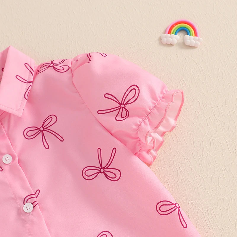 Girls Summer Outfits Adorable Bow Print Short-Sleeve T-Shirt with Button-Up Detail and Elastic Flare Pants - 2-Piece Set for