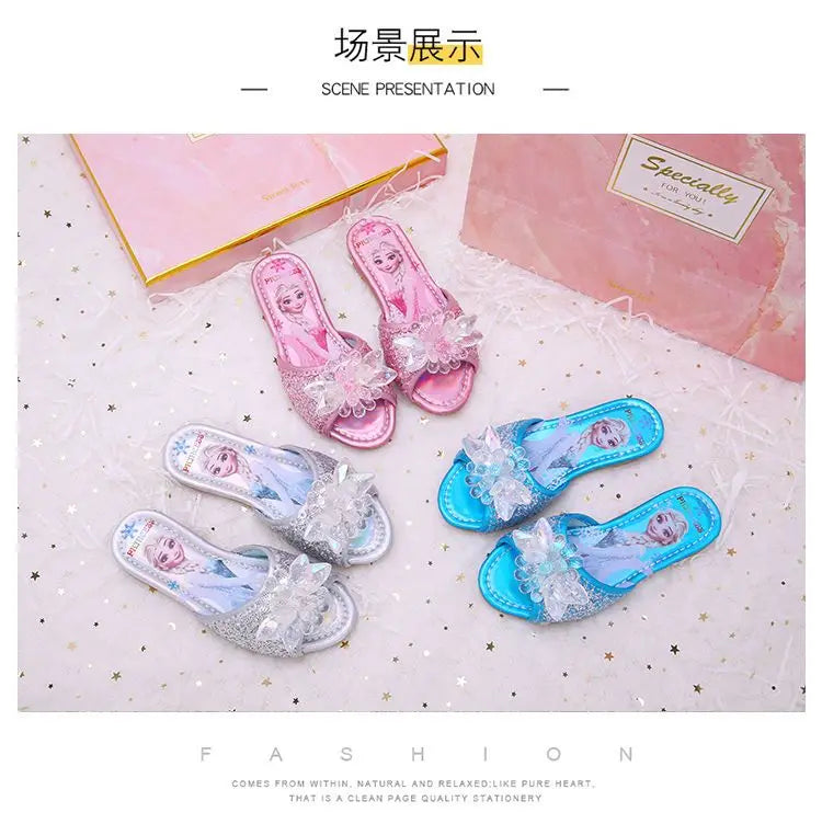 Disney Children's Sandals Frozen Slippers Fashion Elsa Princess Shoes Crystal Flowers Non-slip Blue Pink Silver Girls' Sandals