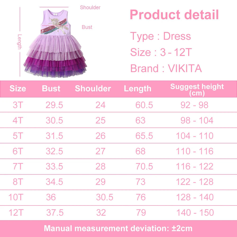 VIKITA Girls Sleeveless Summer Dress Kids Licorne Sequined Appliqued Purple Dresses Girls Party Mesh Tulle Tutu Princes Dress