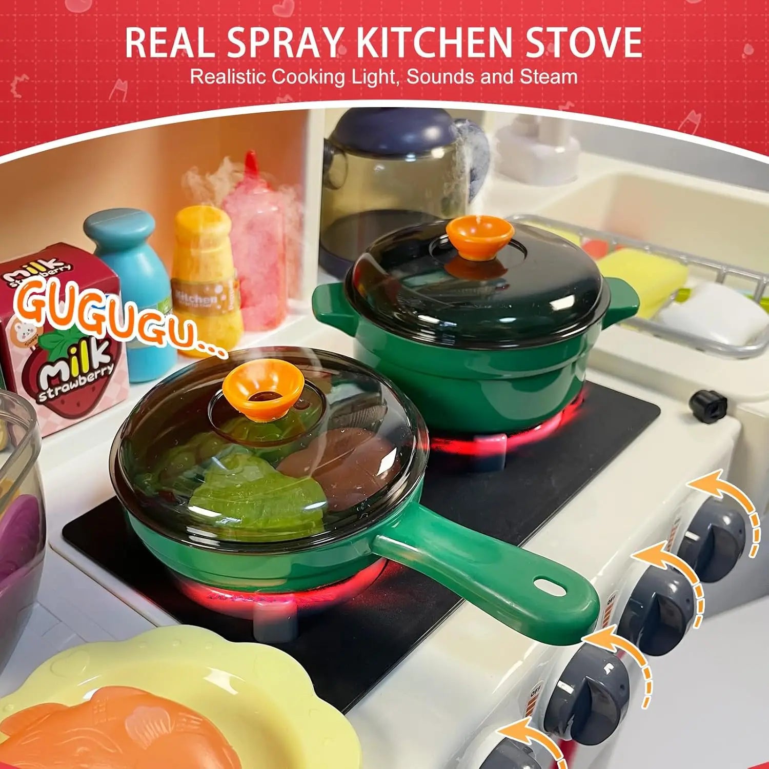 100CM Kids Kitchen Playset with Sound & Light Cooking Stove with Steam Play Sink Toy Pretend Play Food Toys for Boys Girls Gift