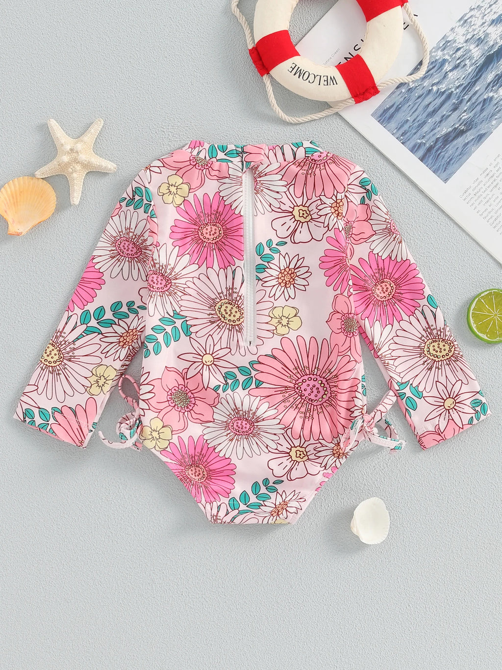 Infant Girls  Rash Guard Swimsuit with Long Sleeves and Cute Floral Print Baby Beachwear Tie-Up Bathing Suit