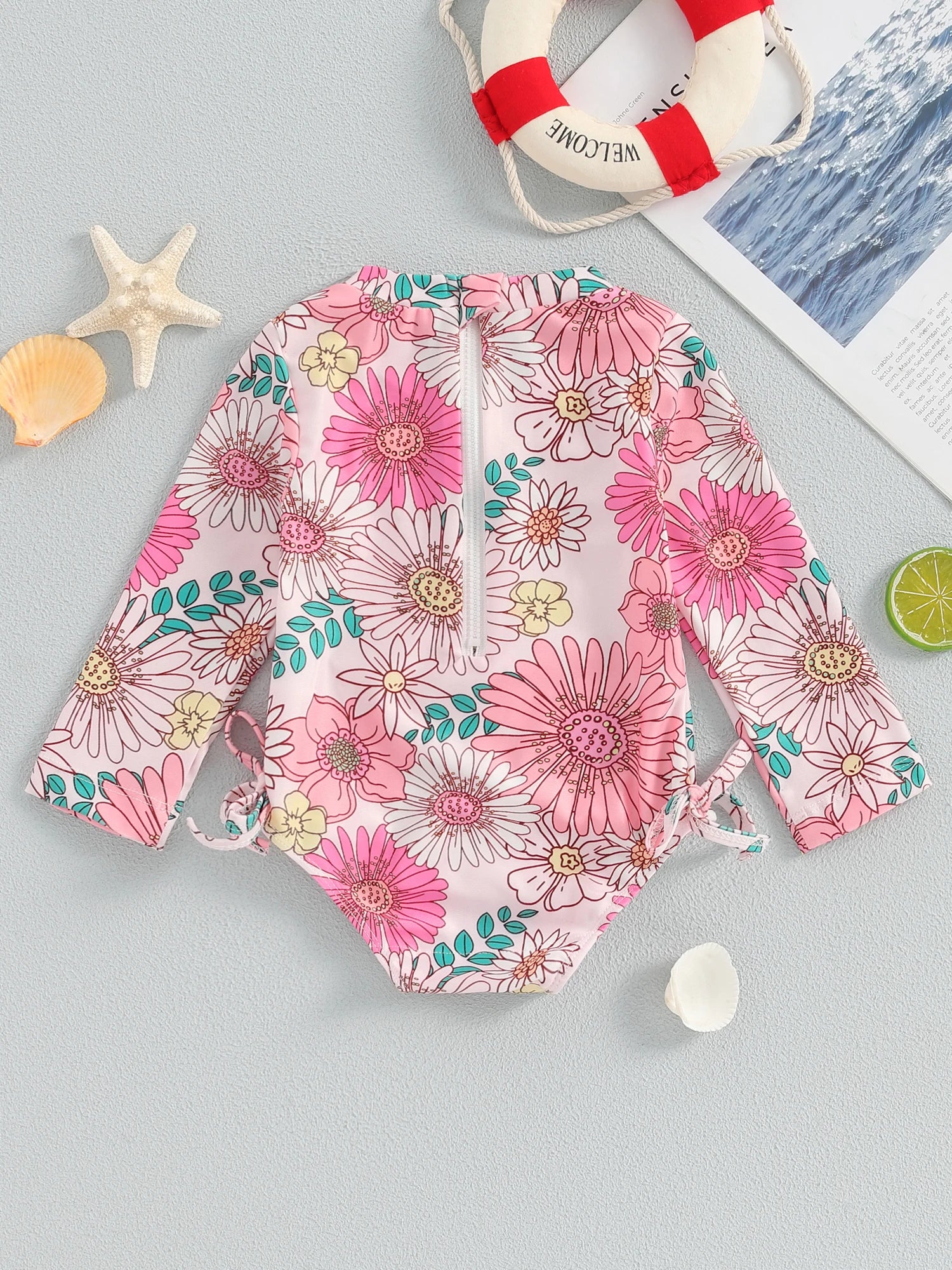 Infant Girls  Rash Guard Swimsuit with Long Sleeves and Cute Floral Print Baby Beachwear Tie-Up Bathing Suit