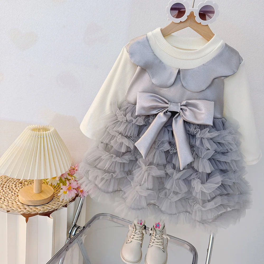 Prinzessinnenkleid für Babys zum Geburtstag, Frühlings- und Herbstmode mit süßer Schleife, langärmelige Kinderkleidung (9 Monate - 3 Jahre)