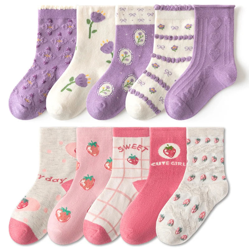 5/10 pairs Kids Socks Sets for Girls 2025 Cute Cartoon Unicorn Floral Print Children Ankle Short Breathable Cotton Toddler Sock