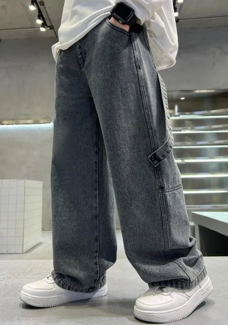 2025 Spring Boys' Wide-Leg Jeans Loose-Fit Trendy Streetwear for Kids Ages 8-14