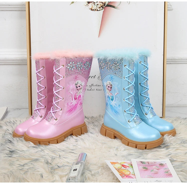 Disney Girls' Princess Elsa Frozen Boots Children's Long Sleeve Boots Women's Cotton Winter Plush Thickened High Sleeve Boots