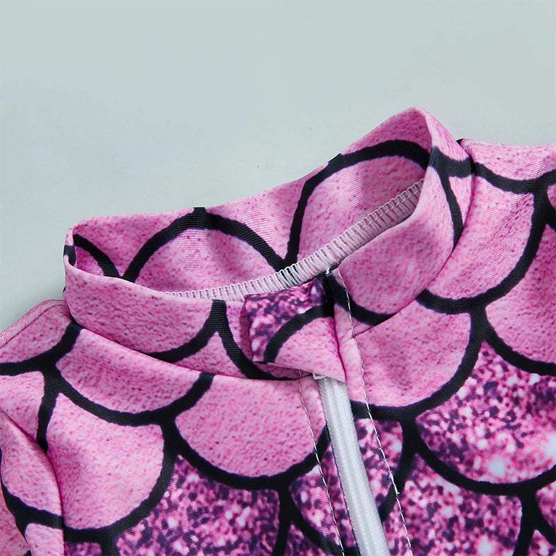 Mermaid Print  Swimsuit with Zipper Closure and Ruffled Mock Neck for Toddler Girls - UV Protection Rash Guard Bathing