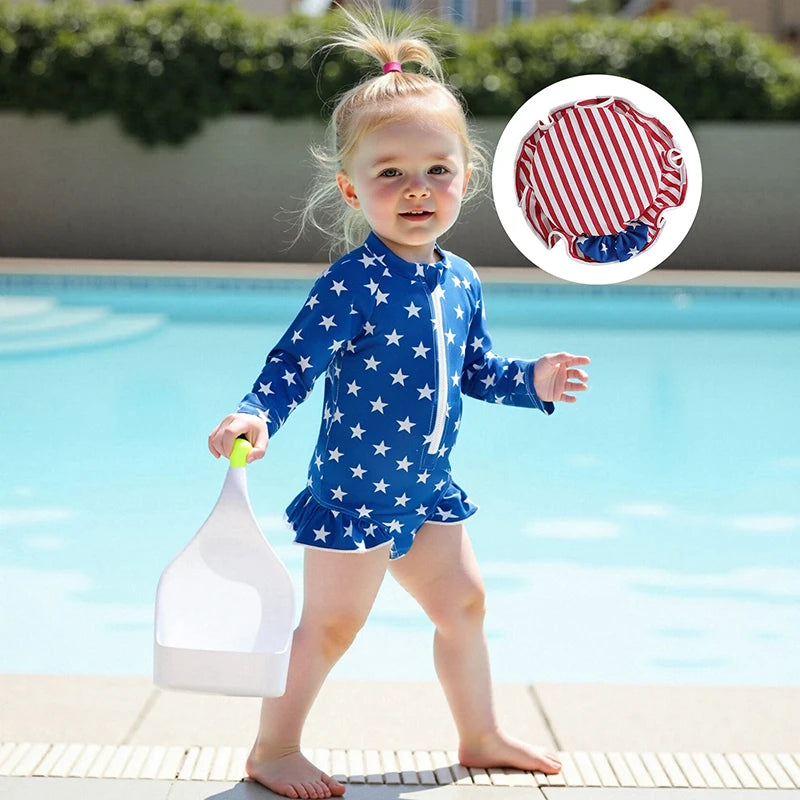 Children s Patriotic Swimsuit Set with Star and Stripe Print Ruffled Zipper Rash Guard Swimwear and Matching Swim Cap for