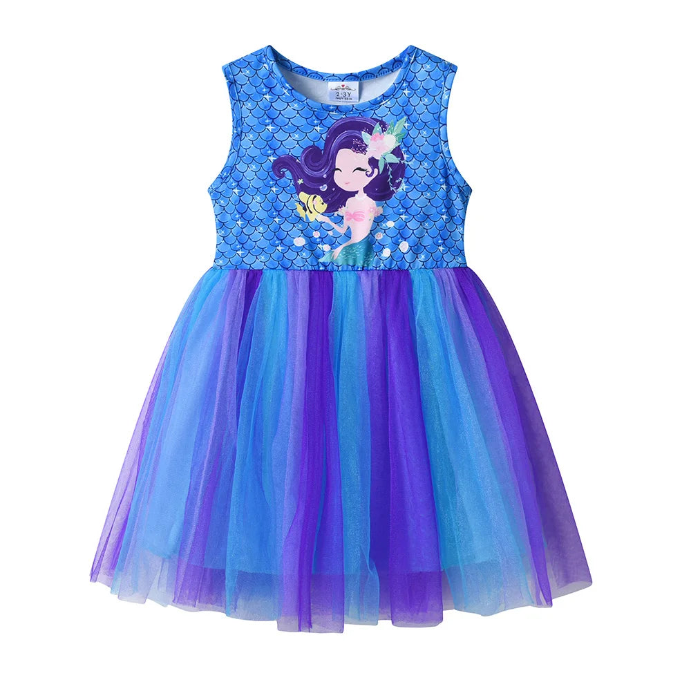 VIKITA Kids Summer Sleeveless Dress Girls Mermaid Cartoon Print Vestidos Kids Birthday Party Mesh Tulle Princess Patchwork Dress