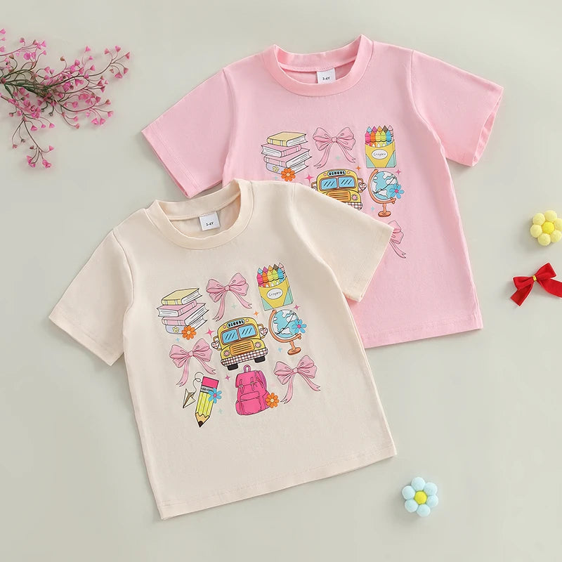 Girls Short Sleeve Crew Neck T-Shirt with Fun School Print Loose Fit Top for Spring and Summer Cute and Comfortable