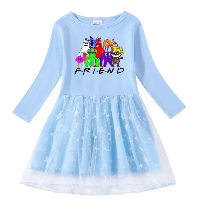 Kid Autumn Girl Long Sleeve Dress Cartoon Garden of Ban ban Gauze Fashion Children 2-7Year Girl Dress
