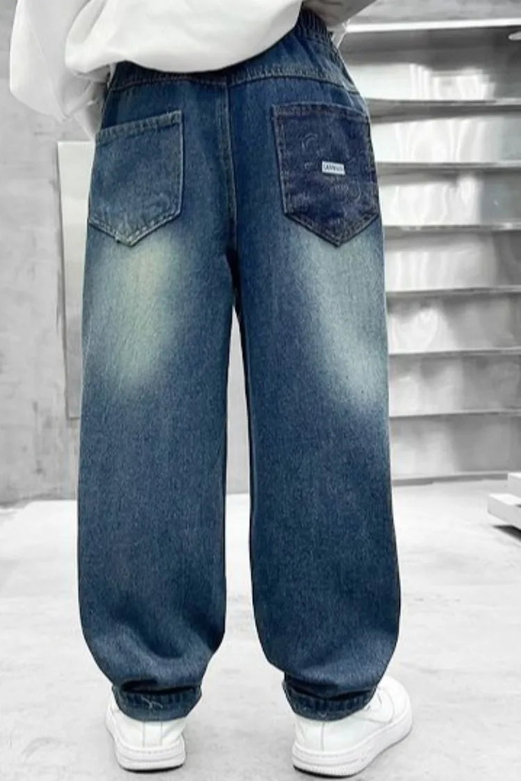 2025 New Boys' Loose Fit Jeans for Kids - Korean Style Washed Denim Long Pants, Trendy & Comfortable