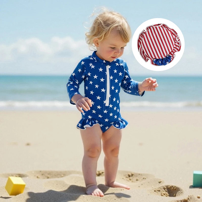 Children s Patriotic Swimsuit Set with Star and Stripe Print Ruffled Zipper Rash Guard Swimwear and Matching Swim Cap for