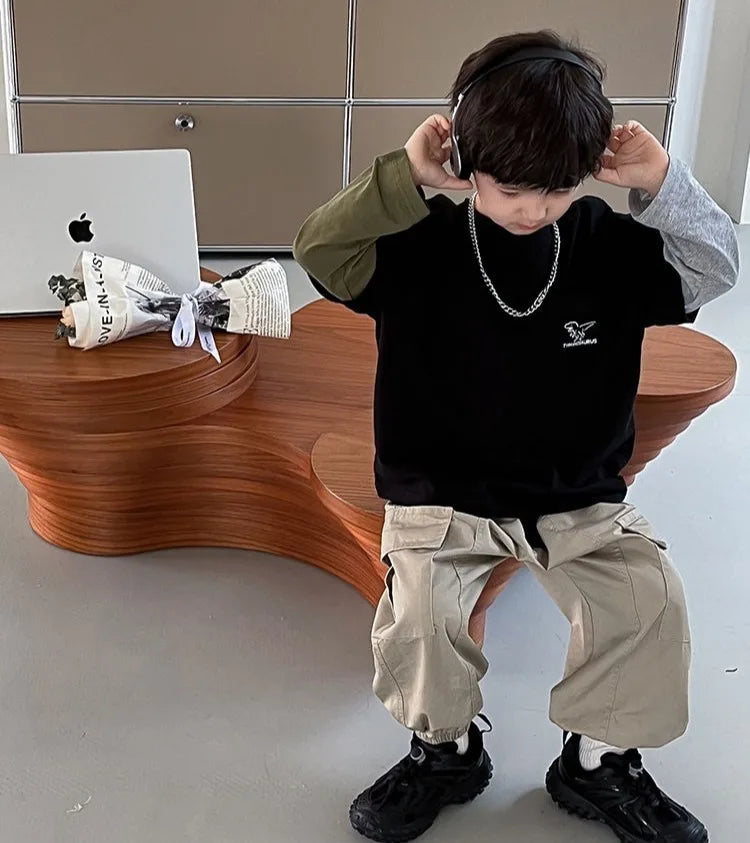 False Two-piece Casual Round Neck Boys' Top 3 Year Old Boy Clothes Children's T-shirt Kids Long Sleeve Tee Clothing 7 14 Years 8