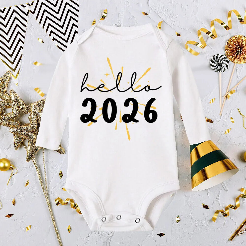 Hello 2026 Inant Romper New Year Baby Gift Toddler Long Sleeve Jumpsuit Boys Girls Clothes Newbron Shower Present