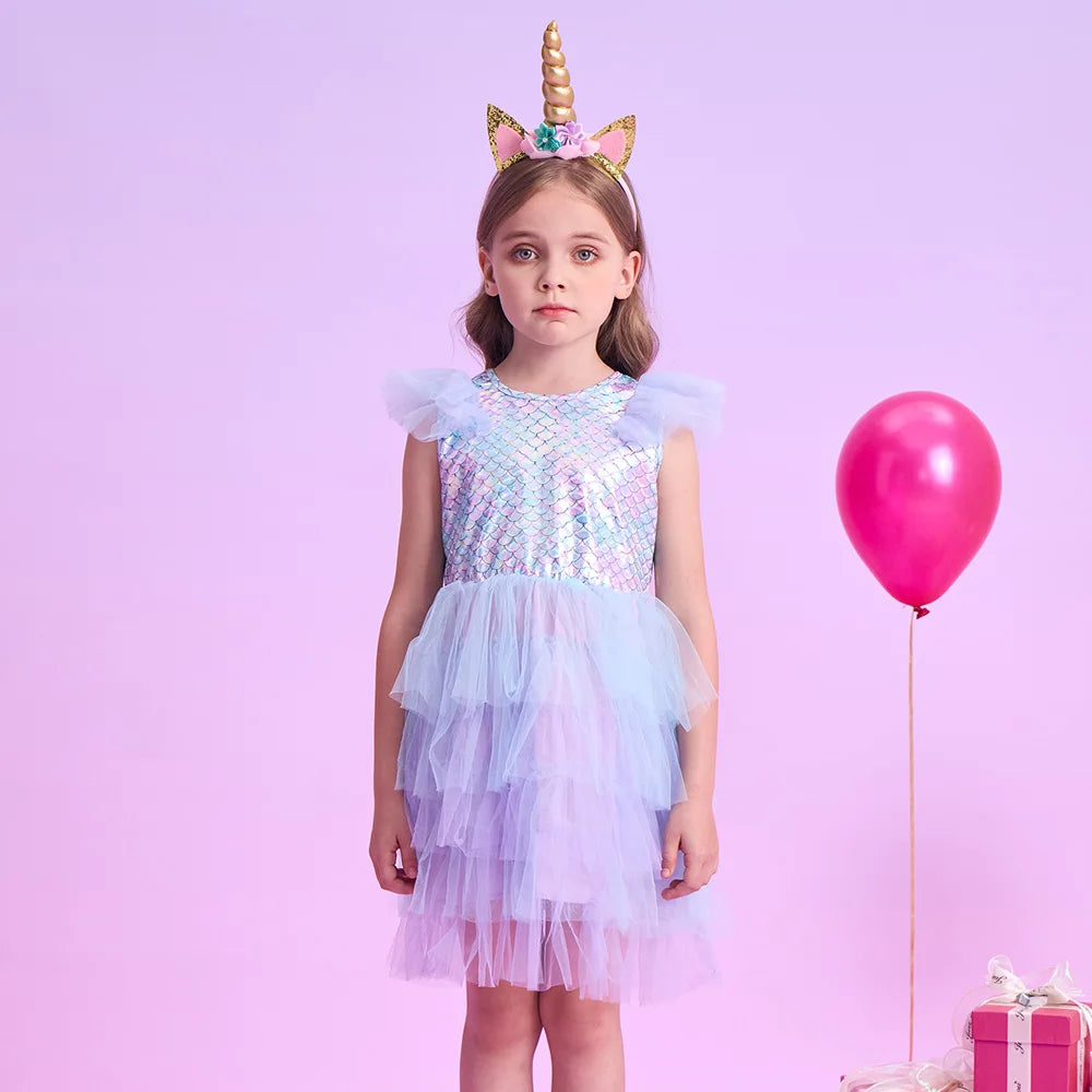 VIKITA Girls Flare Sleeve Summer Dress Kids Mermaid Print Birthday Party Travel Beach Princess Dresses Girls Mesh Tulle Dress