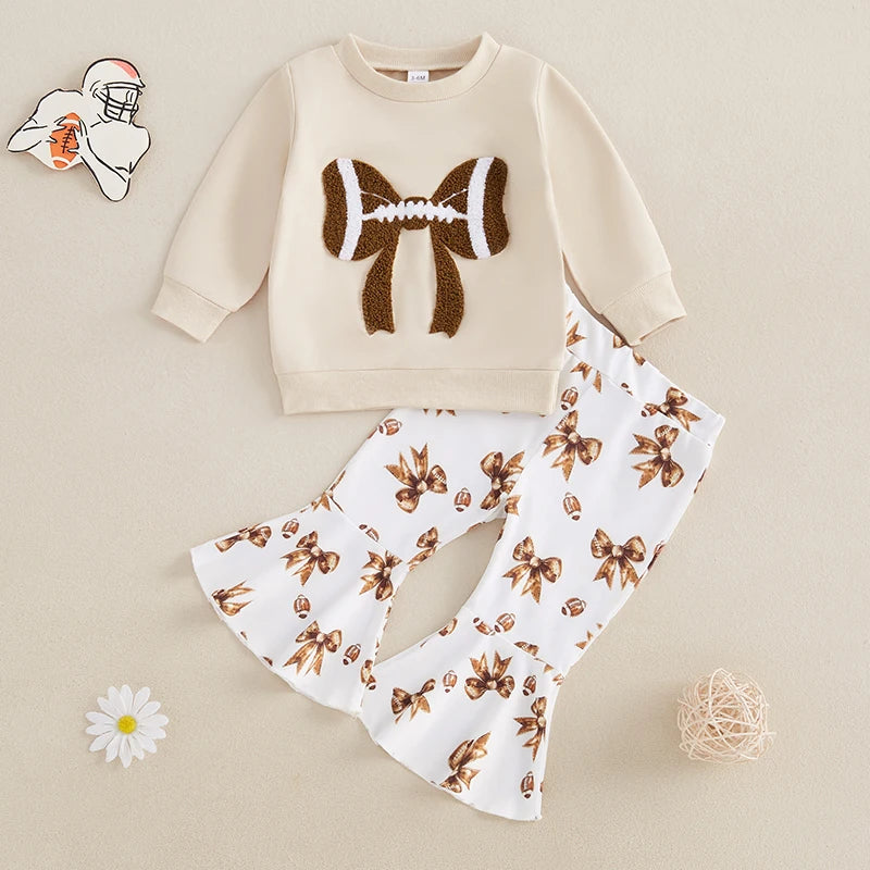 Adorable Baby Girls 2-Piece Football Theme Outfit with Long Sleeve Sweatshirt and Pants Set Cute Bow Embroidery Design