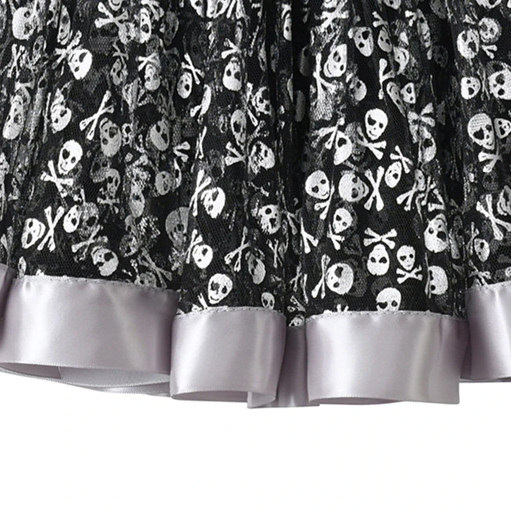 VIKITA Girls Skull Print Festival Tull Lace Tutu Skirt with Bow Knot Ruffled Skirt for Halloween Party Wear Fashion Costumes