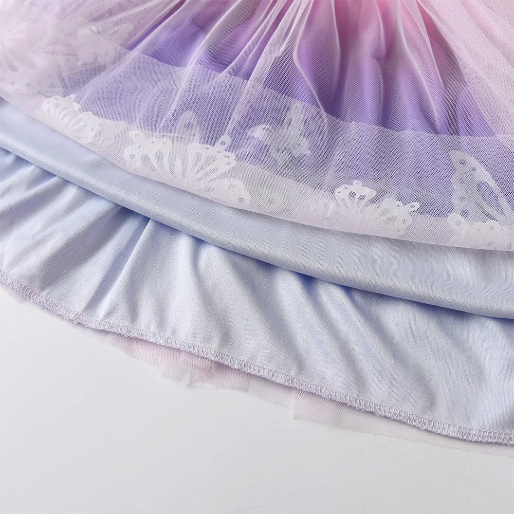 VIKITA Girls White Short Sleeve Dress Kids Colorful Sequined Butterfly Appliqued Gradient Tulle Fashion Elegant Princess Dress