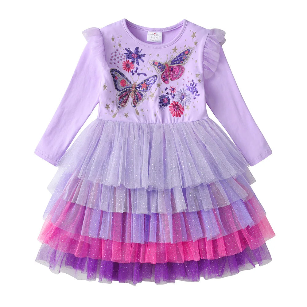 VIKITA Winter Princess Dress Flying Sleeve Children Birthday Party Costumes Cake Layer Tutu Kids Dress Butterfly Sequin  Clothes