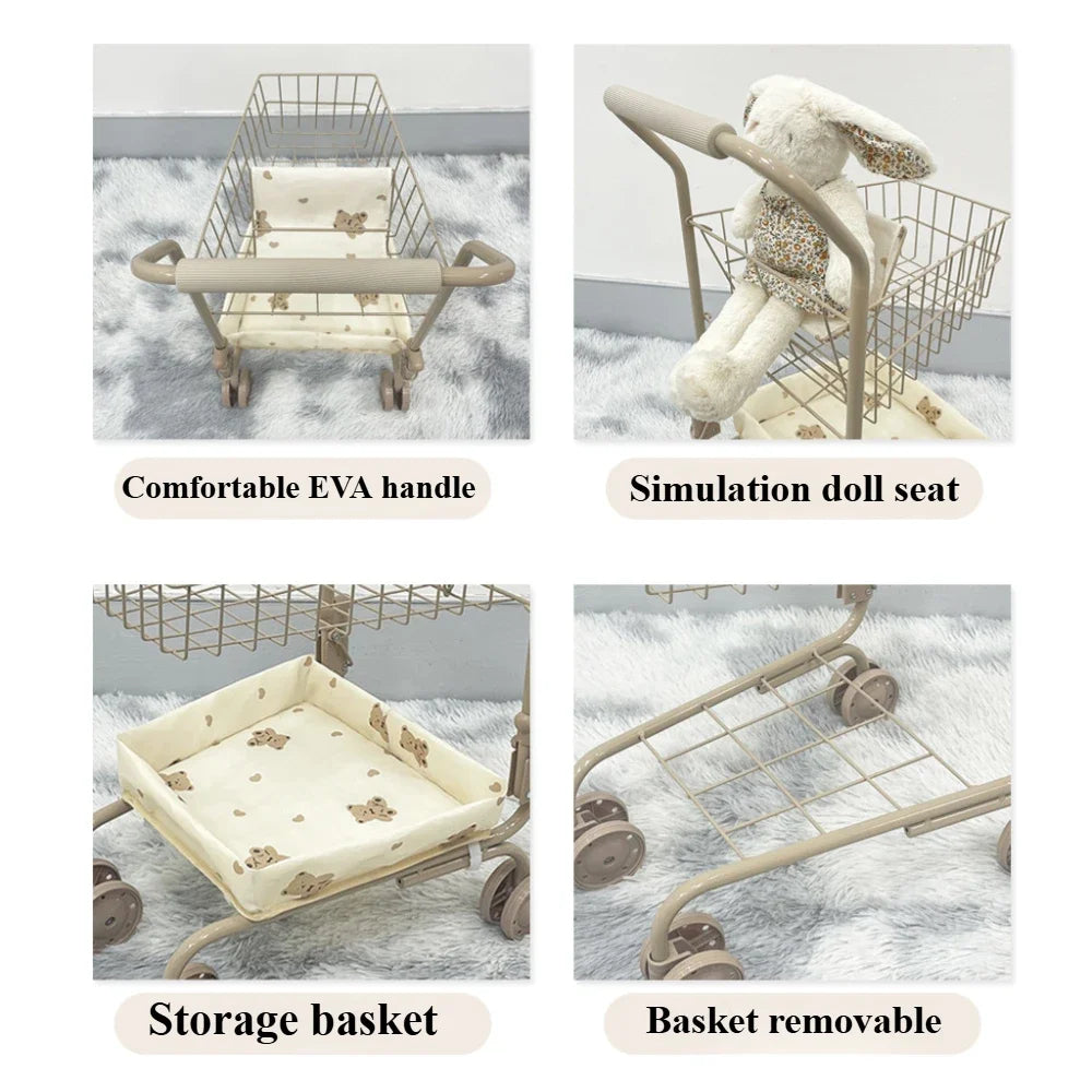 Girls Toy Shopping Cart with Sturdy Metal Frame Foldable Doll Trolley with Storage Basket Pretend Play Gifts for Kids Toddler