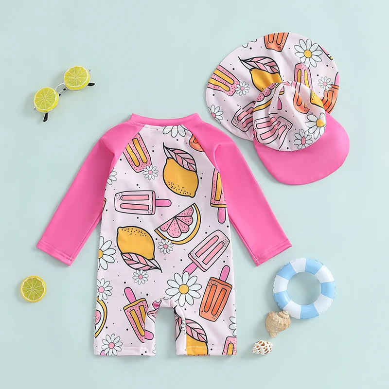 Baby Boys Rash Guard Swimsuit with Hat 2 Pcs Set Zip Up Long Sleeve Crew Neck Toddler Boys Swimwears and Sun Protection