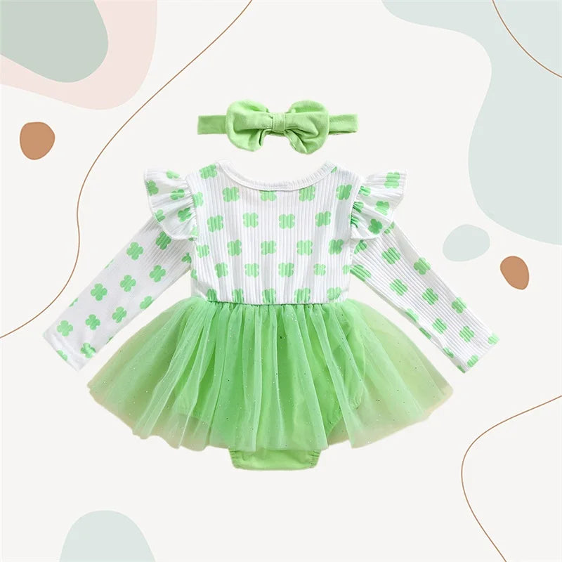 Infant Girls Floral Print Long Sleeve Romper Dress with Bear Embroidery and Matching Headband for Spring Season