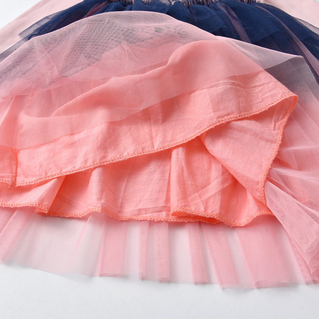 VIKITA Kids Pink Dress Girls Long Sleeve Autumn Spring Dress Kids Star Sequins Appliqued Vestidos Layered Princess Casual Wear