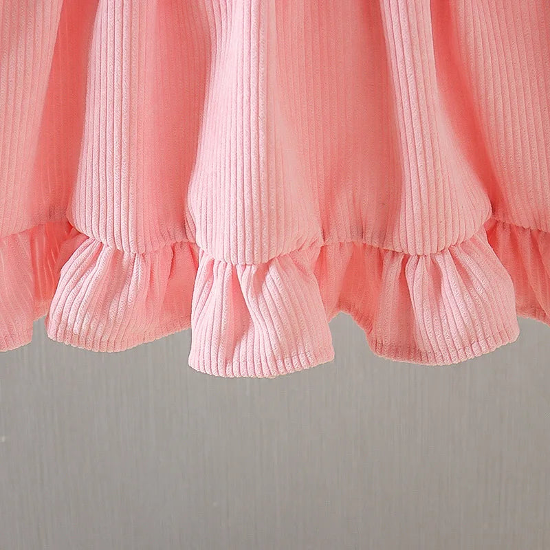 New Fall New Girls Dress Fake Two Upper Body Knitwear Suspenders Corduroy Floral Bear Fluffy Lace Pleated Sweet Princess Dress