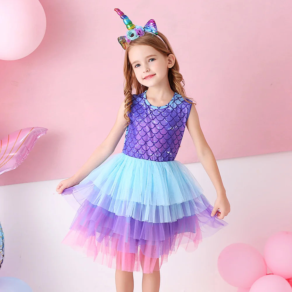 VIKITA Kids Mermaid Print Sleeveless Dress Girls Birthday Party Performance Princess Dresses Girls Mesh Layered Cake Tutu Dress