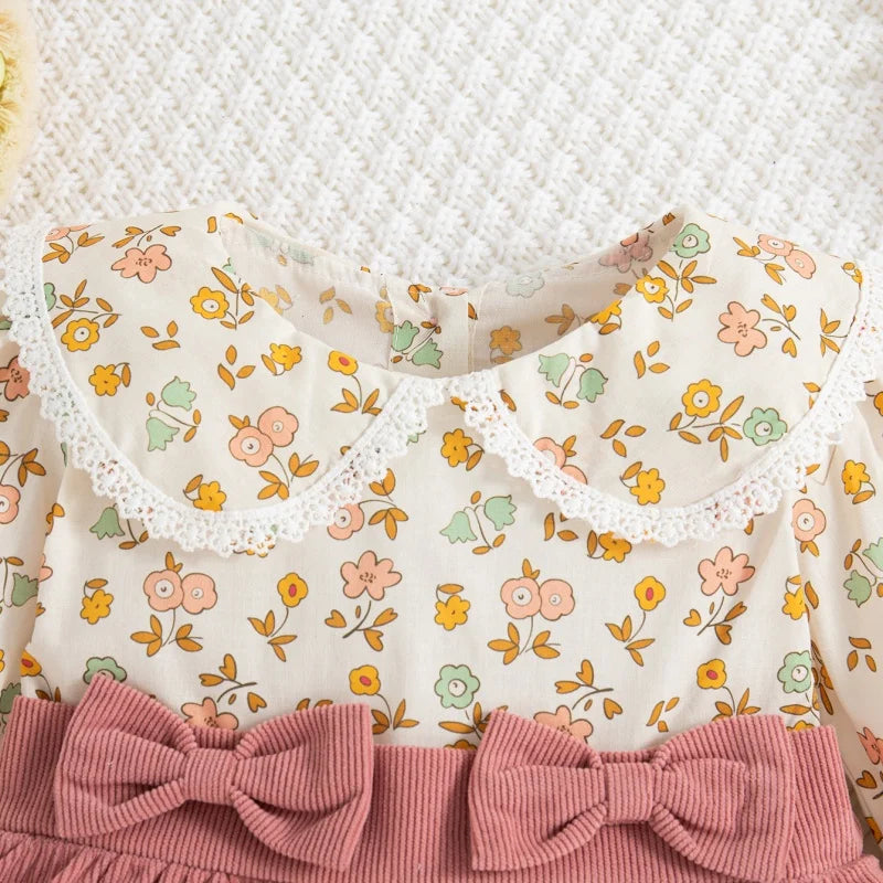 Spring And Autumn New Floral Long Sleeve Baby Girl Dress, Sweet Bow Fake Two Children'S Clothes (9 Months -3 Years Old)