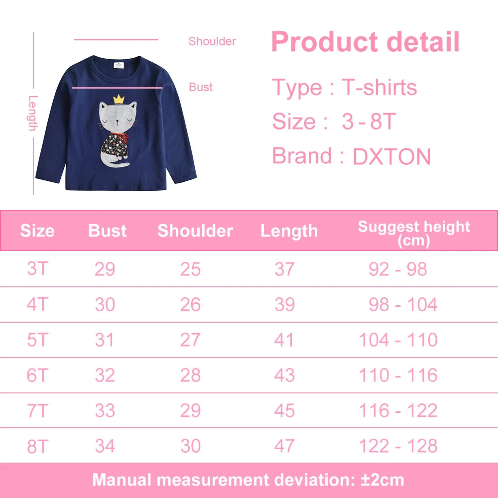 DXTON Spring Autumn Girls Tops Long Sleeve Kids Cotton T-shirts Cat Print Applique Children Casual Tees School Home Kids Wear
