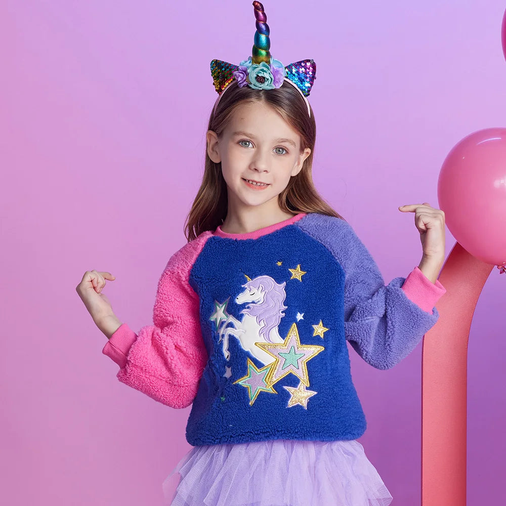 VIKITA Toddlers Licorne Star Appliqued Patchwork Sweatshirt Girls Fleece Autumn Winter Soft Sportwear Pullover Tops Costumes