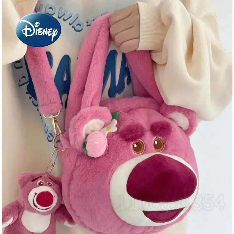 Disney Strawberry Bear New Girl Plush Shoulder Messenger Bag Cartoon Cute Girl Handbag Fashion Trend Plush Girl Bag High Quality