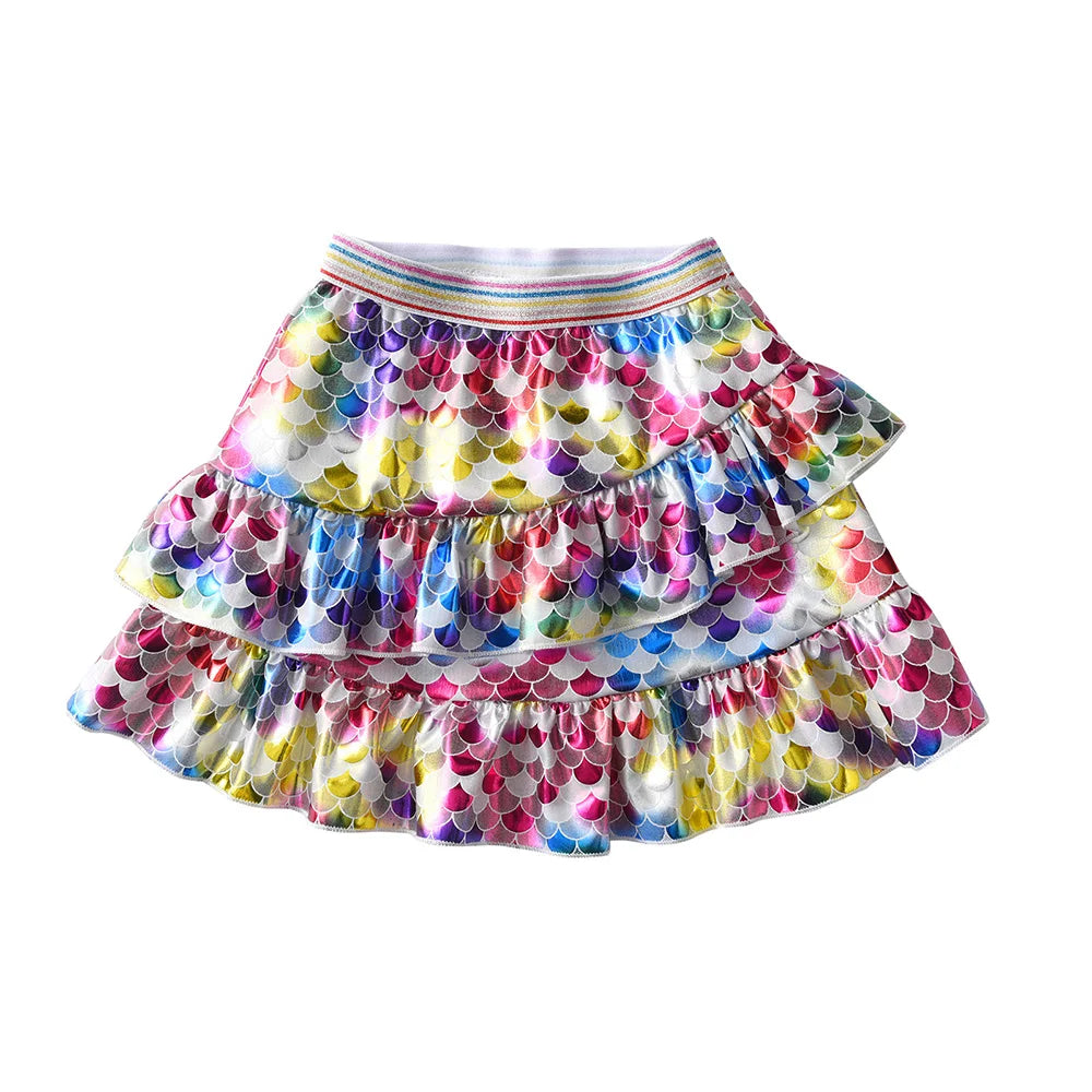 VIKITA Kids Mermaid Print Colorful Summer Skirts Kids Shiny Vacation Party Sequins Ruffles Skirt Fashion Princess Mini Skirts