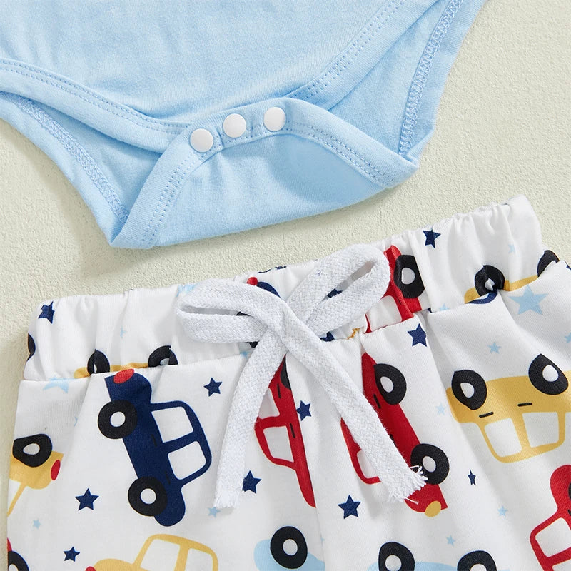 Toddler Boy Birthday Clothes Short Sleeve One Print Romper Car Pattern Long Pants Hat 3 Piece Outfit Set for Boys
