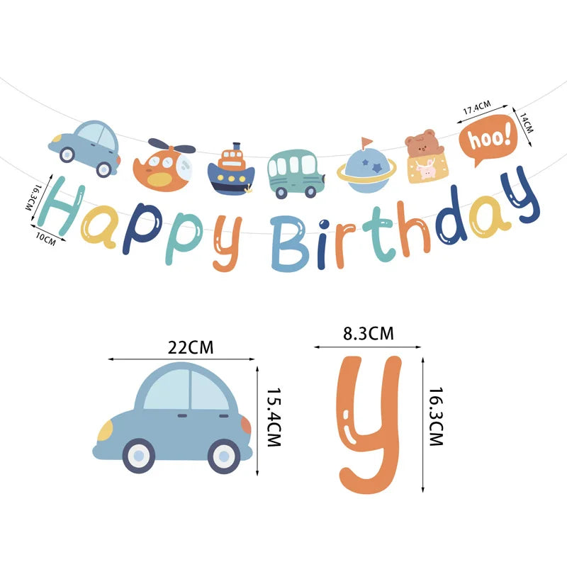 Happy Birthday Banner Little Bear Car Sign Reusable Decorations with Colorful Flag, Lovely Cartoon Birthday Party Decor for Kid