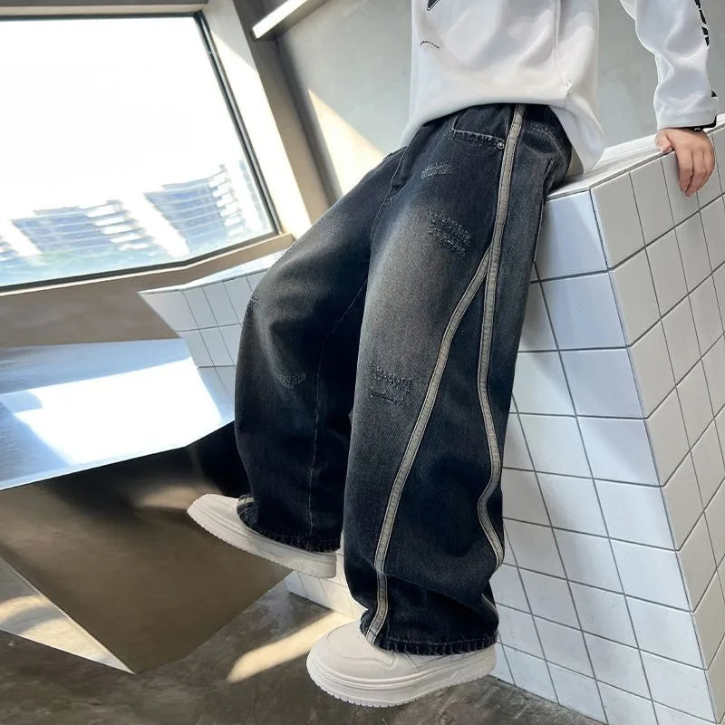 2025 New Boys Straight Jeans Big & Tall Kids Autumn Winter Denim Pants Boys Long Jeans