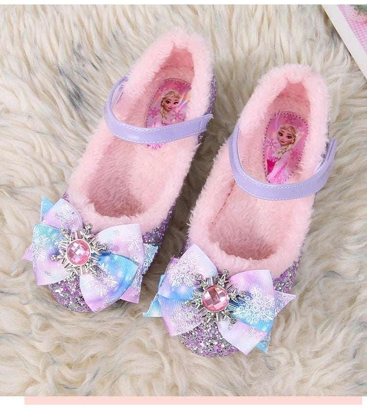 Disney Elsa Girls' High Heel Bowknot Blue Pink Fashion Children's Girl Crystal Princess Warm Winter Shoes Gift Size 23-36
