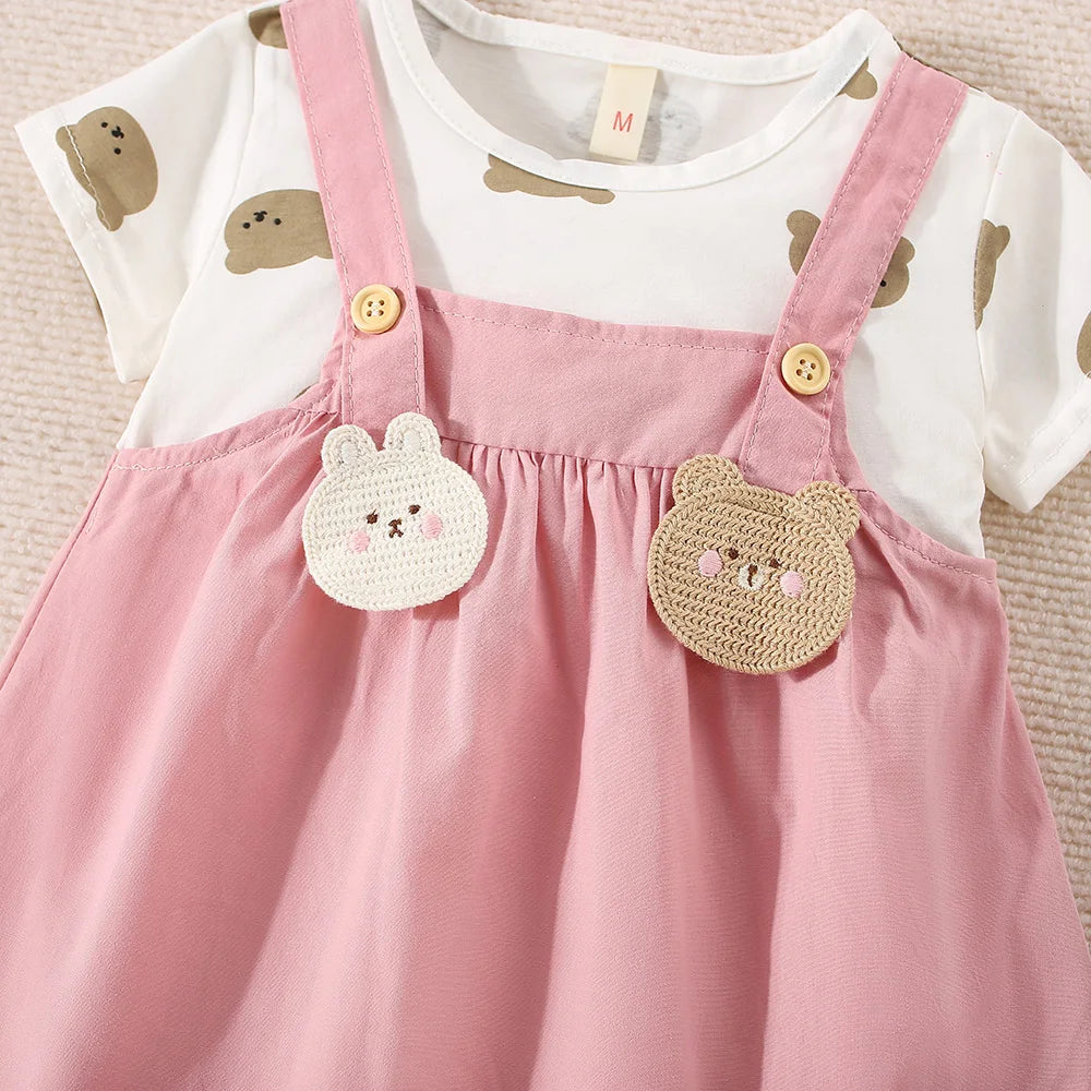 (6-24 Months) Summer New Small Bear Short Sleeved Baby Girl Dress, Fake Two Children'S Clothes